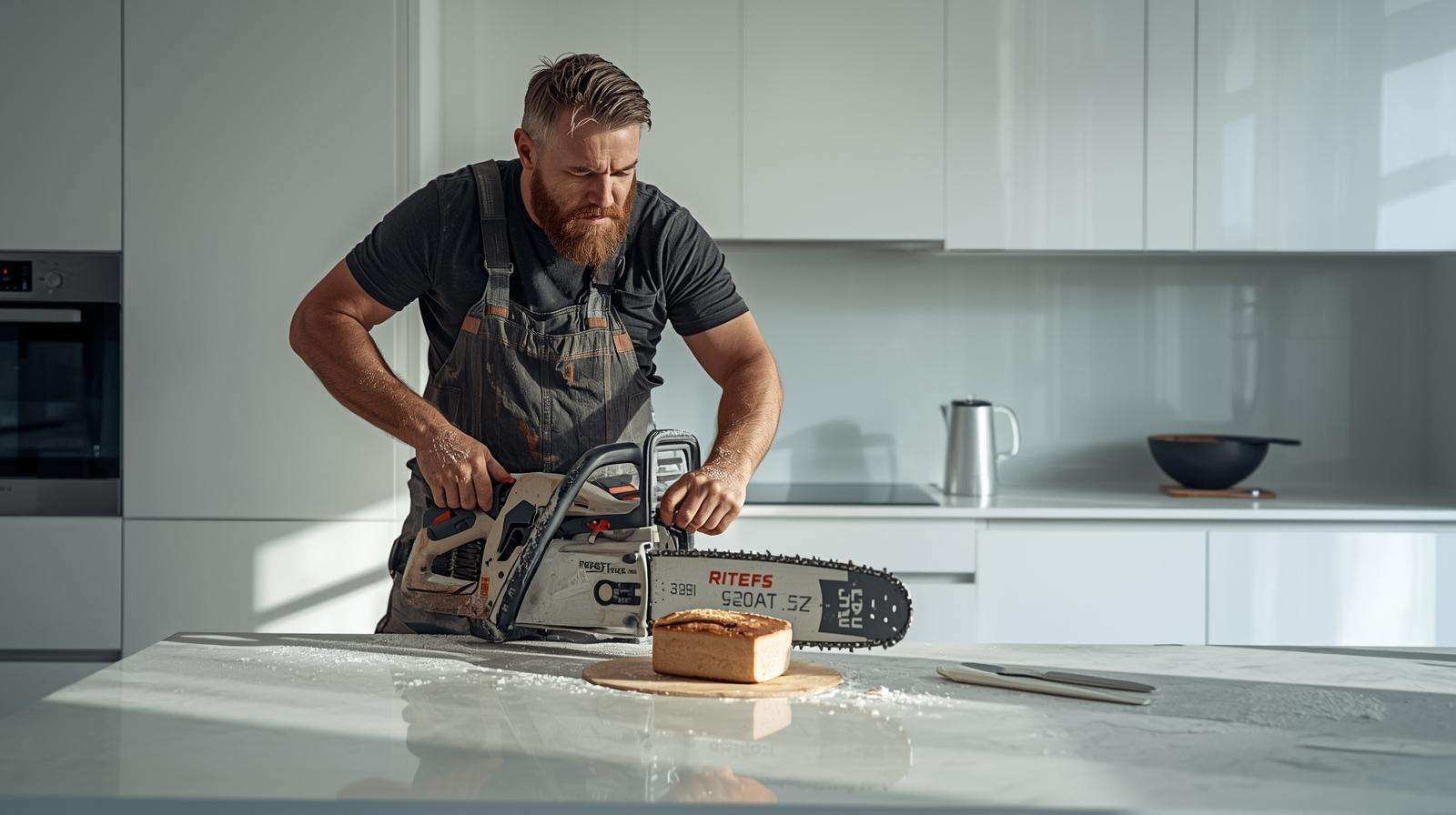 Create a dirty construction guy in a very clean and modern kitchen cutting a slice of bread with a chainsaw